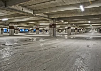 Inside a multi-level parking garage