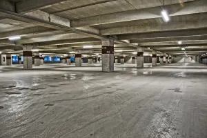 Inside a multi-level parking garage