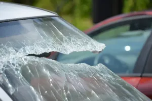 Close-up of a shattered windshield after an impact